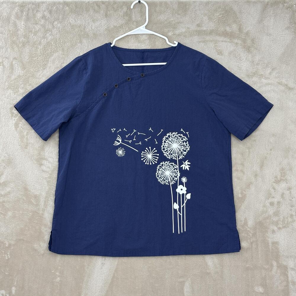 Floral Dandelion Blouse Womens Large Blue Short Sleeve Button Neck Casual Top